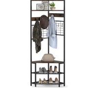 COSTWAY Portemanteau d'angle, 5 étages avec banc à chaussures, 12 crochets métalliques, étagère à chaussures de 183 cm de haut, portemanteau brun