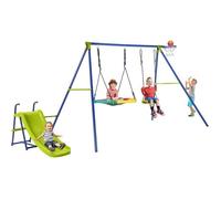 Costway Portique Avec Balançoire Nid D'oiseau Ronde Ø82cm,Toboggan,Panier De Basket 4 En 1 Balançoire Extérieure Réglable 3-12 Ans