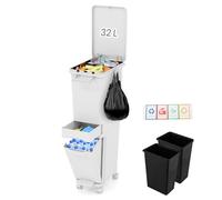 COSTWAY Poubelle Cuisine 32 L en Plastique, Poubelle Tri Selectif 2 Bac avec Tiroir, 2 Seaux Amovible, Poubelle à Pédale Étroite 26 cm, Fermeture à Pression, Roues avec Frein, Crochet, Autocollant