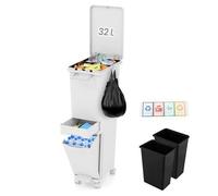 CostwayPoubelle avec Bac Inférieur Inclinable Tiroir Central 2 Compartiments Supérieurs Étiquettes de Tri Poubelle à Pédale en Plastique