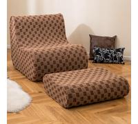 COSTWAY Pouf avec Tabouret - Pouf Adulte avec éponge hautement élastique et Housse en Velours en Peluche - Chaise de Sol pour Salon, Chambre à Coucher, Salle de Lecture (Marron)