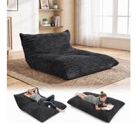 COSTWAY Pouf Géant 3-en-1 Transformable Canapé de Sol Lit d’Appoint Velours Côtelé Housse Amovible Lavable Sans Assemblage Noir