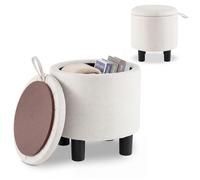 COSTWAY Pouf Rangement Rond 19 L, Couvercle Réversible Amovible, Tabouret Rangement pour Coiffeuse, Pouf Repose Pieds Moderne en Tissu Lin pour Salon, Chambre, Entrée, Charge160 KG, Ø38 x H42 CM