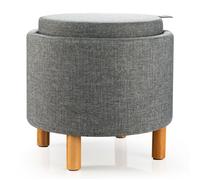 COSTWAY Pouf Rangement Rond avec Plateau, Tissu PE, Pieds en Bois, Patins Antidérapants, pour Salon, Chambre, 44×44×42 cm, Gris