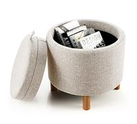 COSTWAY Pouf Rangement Rond, Pouf Coffre avec Plateau, Repose-Pied Salon, Tissu PE, Pieds en Bois, Patins Antidérapants, Tabouret Rangement Rembourré pour Salon, Chambre, 44 × 44 × 42 cm (Beige)