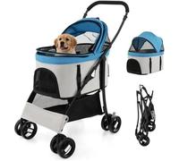 Costway Poussette Buggy Pliable Animaux - Auvent Réglable, Coussin Amovible, 4 Roues - Charge 15kg - Chariot Pour Chat -Chien - Bleu