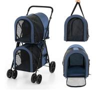 COSTWAY Poussette Buggy Pliable Chien Double Cage Détachable 4 Roues Avant Universelles avec Porte Bidirectionnel - Tissu Oxford