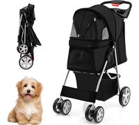 COSTWAY Poussette pour chiens Animaux Poussette jusqu'à 15kg, Poussette pour chiens avec fenêtres en filet & porte-boisson & remorque, Poussette pour chats pour petits chiens Chats (Noir)