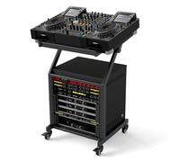 COSTWAY Rack Audio Professionnel à 2 Niveaux, Support pour Table de Mixage DJ 9U avec Barres Transversales Réglables roulettes Verrouillables, Chariot de Scène à roulettes pour Studio Bureau
