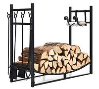 COSTWAY Range Buche en Fer Forgé, Porte Buches pour Cheminée, Rangement Bois Charge Max 50 kg, pour Poêle, Brasero, Range Buches Exterieur Intérieur (36" avec 4 Ustensiles)