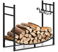 COSTWAY Range Bûche Intérieur avec 2 Crochets Amovible, pour Bois de Chauffage, 84 x 33 x 76 CM, Charge 50 KG, Cadre en Fer