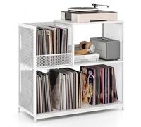 COSTWAY Rangement Platine Vinyle 3 Niveaux pour CD/DVD, Meuble Disque Vinyle jusqu'à 300 Albums, Support de Tourne-Disque avec 3 Diviseurs Amovibles, Cadre en Métal, Marron Rustique (Blanc)