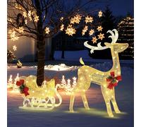COSTWAY Renne à LED avec traîneau, Cerf de Noël illuminé, Blanc chaud | Câble de 5,2m | Cadre métallique, Décoration de Noël pour l'extérieur et l'intérieur, figurine à LED avec tuyau lumineux, Or