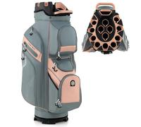 COSTWAY Sac de Golf avec 14 Compartiments, Sac de Club de Golf Portable avec Fermeture à Glissière 11 Poches Sac Isotherme Sangle Rembourrée Poignées Porte-Parapluie Housse de Pluie (Gris+Vieux Rose)