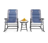 COSTWAY Salon de Jardin 2 Personnes, Ensemble de Jardin 3 PCS avec 2 Chaises Rembourrés à Bascule et Table en Verre Pliables, pour Jardin, Piscine, Plage, Terrasse (Bleu + Gris)