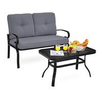 COSTWAY Salon de Jardin 2 Pièces avec Table Basse et Coussins Charge 250KG, Ensemble de Canapés de Terrasse 2 Places avec Cadre Métallique, pour Patio Balcon Terrasse (Gris)