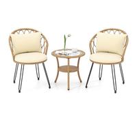 COSTWAY Salon de Jardin 3 PCS en Résine Tressée PE, Ensemble de Meuble Bistro avec Table Basse à 2 Niveaux en Verre Trempé et Fauteuils avec Coussins, pour Véranda Balcon Terrasse Jardin