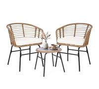COSTWAY Salon de Jardin 3 PCS en Rotin PE, Ensemble de Meuble Bistro avec Table Basse en Verre Trempé et 2 Fauteuils avec Coussins Amovibles, pour Véranda Balcon Terrasse Jardin