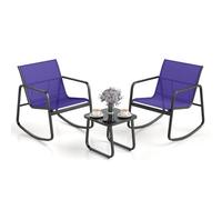 COSTWAY Salon de Jardin 3 Pièces avec Chaises à Bascule Table en Verre, Ensemble de Meuble Extérieur 2 Fauteuils Cadre Métallique Charge 150KG, pour Porche Bord de Piscine Balcon (Bleu)