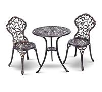 COSTWAY Salon de Jardin 3Pcs en Fonte Aluminium, Ensemble 2 Chaises et 1 Table Ronde Style Rétro avec Motif Feuille pour Balcon, Terasse, Jardin (Brun)