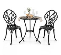 COSTWAY Salon de Jardin 3Pcs en Fonte d’Aluminium, Ensemble Bistro 2 Chaises et 1 Table Ronde Résistant aux Intempéries avec Trou de Parasol, pour Balcon Terasse Jardin, Noir