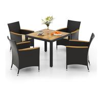 COSTWAY Salon de Jardin en Rotin 5 Pièces pour 4 Personnes, Ensemble de Salle à Manger de Patio avec Trou pour Parasol Coussins d'Assise Plateau en Bois d'Acacia, Marron+Naturel