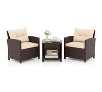 COSTWAY Salon de Jardin en Rotin PE 3 Pièces, 1 Table Basse 2 Niveaux Plateau en Verre Trempé et 2 Fauteuil avec Coussins Lavable, Ensemble de Conversation pour Terrass Piscine