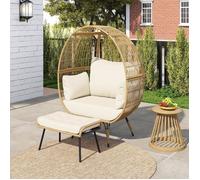 COSTWAY Salon de Jardin Extérieur Intérieur avec Ottoman, Chaise Œuf en Rotin PE 2 PCS avec Coussins, Repose-Pieds, Marron Clair