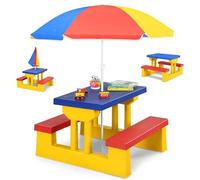 COSTWAY Salon de Jardin pour Enfant Table et 2 Bancs avec Parasol pour Pique-nique Jusqu'à 4 Enfants Jaune+Rouge+Bleu