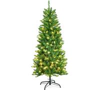 COSTWAY Sapin de Noël 150cm crayon avec lumières LED blanc chaud, sapin artificiel avec système de pliage et support métallique, sapin de Noël aiguilles PVC, sapin artificiel Noël vert