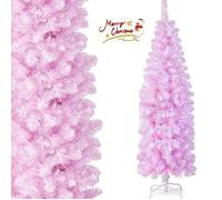 CostwaySapin de Noël Artificiel Pré-éclairé Rose 180 cm 475 Pointes de Branches 250 Lumières LED Blanc Froid Forme Crayon Support Arbre de Noël en Métal Pliable