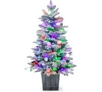 COSTWAY Sapin de Noël artificiel 100cm avec neige & socle, sapin floqué avec 80 LED multicolores & 148 pointes de branches, arbre de Noël