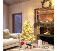 COSTWAY Sapin de Noël Artificiel 135 cm, 757 Branches, 120 Lumières LED Blanc Chaud, Floqué, Charnières, Arbre de Noël Pré-éclairé, Installation Rapide, Blanc et Vert (135 cm)