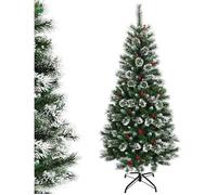 COSTWAY Sapin de Noël Artificiel 150cm avec Flocons de Neige Baies Rouges Dense Base en Métal PVC Design Dense Décoration de Fête