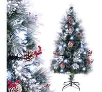 COSTWAY Sapin de Noël artificiel 150cm avec pommes de pin & baies, sapin avec neige, LEDs blanc froid, fibre de verre & pointe d'étoile, 8 modes Vert Blanc