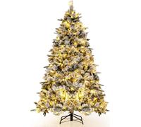 COSTWAY Sapin de Noël artificiel 180 cm avec neige et éclairage, Sapin de Noël avec 250 lumières LED blanc chaud, 752 pointes de branches mélangées, Sapin de Noël, Arbre artificiel de Noël pour la mai