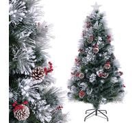 COSTWAY Sapin de Noël artificiel 180cm avec pommes de pin & baies, sapin avec neige, LED blanc froid, fibre de verre & pointe d'étoile, 8 modes Vert Blanc