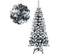 COSTWAY Sapin de Noël Artificiel 225CM Forme Longiligne Feuilles Enneigé en PVC Support Métal Pliable Décoration de Noël Maison