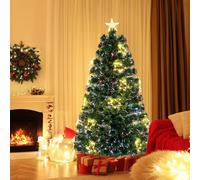 COSTWAY Sapin de Noël Artificiel à Fibre Optique de 150 cm, Guirlande Lumineuse, 24 Lumières Blanches Chaudes, 170 Pointes de Branches, Etoile Supérieure, Support en Métal, pour Maison, Bureau
