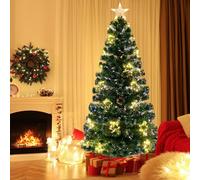 COSTWAY Sapin de Noël Artificiel à Fibre Optique de 180 cm, Guirlande Lumineuse, 36 Lumières Blanches Chaudes, 230 Pointes de Branches, Etoile Supérieure, Support en Métal, pour Maison, Bureau