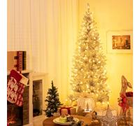 COSTWAY Sapin de Noël Artificiel Argenté Pré-éclairé de 180 cm, 790 Pointes de Branches, 300 Lumières LED Blanc Chaud, Support en Métal Pliable, Charnière, pour Bureau, Maison