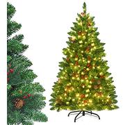 COSTWAY Sapin de Noël Artificiel avec Lumière LED 135 cm, Arbre de Noël avec Pommes de Pin et Baies Rouges, avec 516 Branches, Aiguilles en PVC, avec Support Métallique Robuste, Vert (135CM)