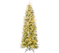 COSTWAY Sapin de Noël Artificiel de 225 cm, Arbre de Noël à Charnières Floqué de Neige, 913 Pointes, 75 Pommes de Pin, 350 Lumières LED Blanc Chaud, Support en Métal, pour Bureau, Maison (225 cm)