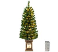 COSTWAY Sapin de Noël Artificiel en Pot Pré-éclairé de 120 cm, Arbre de Noël avec 100 Lumières LED, Minuterie, 3 Modes d'Éclairage, 160 Pointes de Branches, Pot Antique, Décoration Intérieure