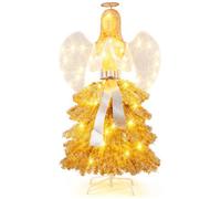 CostwaySapin de Noël Artificiel Illuminé de 157 cm en Forme d Ange Décoration de Noël avec LED Blanc Chaud Feuilles Dorées Piquets
