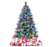 COSTWAY Sapin de Noël Artificiel Illuminé de 185 cm, à Charnière avec 747 Branches, 350 Lumières LED, 55 Pommes de Pin et 55 Baies Rouges, 11 Modes d'Éclairage, Vert + Blanc