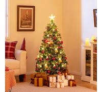 COSTWAY Sapin de Noël Artificiel Lumineux LED 150 cm avec 8 Modes d'Eclairage, 49 Lumières LED Blanc Chaud, 170 Pointes de Branches, 16 Pommes de Pin Naturelles, 16 Baies Rouges, 20 Lampes à Pétrole