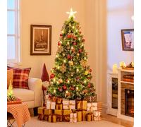 COSTWAY Sapin de Noël Artificiel Lumineux LED 180 cm, 8 Modes d'Eclairage, 64 Lumières LED Blanc Chaud, 220 Pointes de Branches, 20 Pommes de Pin Naturelles, 20 Baies Rouges, 30 Lampes à Pétrole