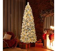 COSTWAY Sapin de Noël Artificiel Lumineux LED 210 cm, Arbre de Noël Floqué, 680 Pointes de Branches, 200 Lumières LED Blanc Chaud, Section Pliable, Support en Métal, Décoration de Noël (210 cm)