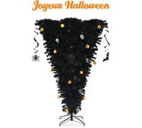 COSTWAY Sapin de Noël Artificiel Noir 180 cm Inversé Arbre d'Halloween avec 270 Lumières LED Violettes Décoré de Citrouilles Crânes